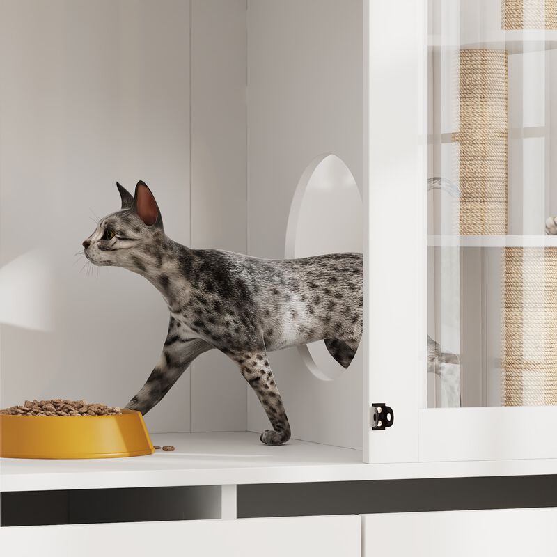 FUFU&GAGA Deluxe Multi-Level Cat Cabinet with Built-In Storage – Stylish and Functional Pet Furniture, 63"W x 19.7"D x 70.9"H, White