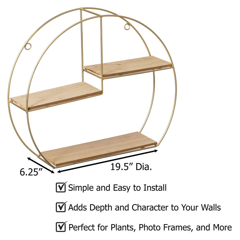 Vintiquewise Elegant 3-Tier Decorative Floating Geometric Arc Wall Shelf - Semi-Circular Metal and Wood Wall-Mounted Shelf for Entryway, Bathroom, Bedroom, and Living Room Decor, Gold Finish
