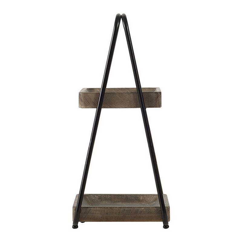Nick 19 Inch 2 Tier Decorative Tray Stand, Black Iron Frame, Gray Wood - Benzara