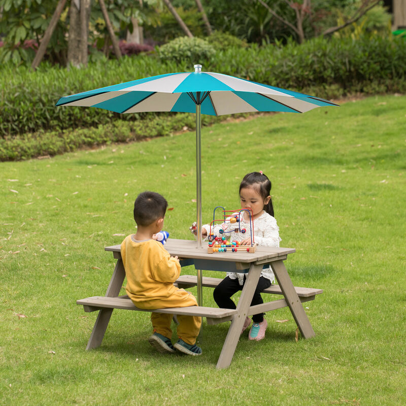 Kids Picnic Play Table, Sandbox Table with Umbrella Hole and 2 Play Boxes with Removable Top, Gray