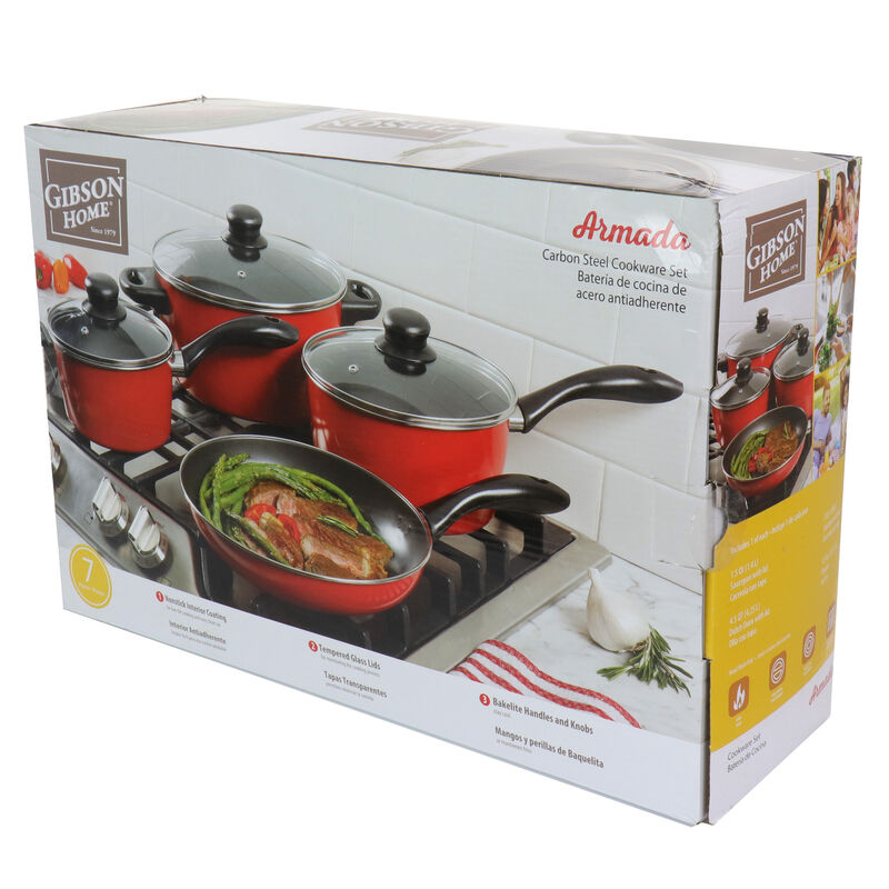 Gibson Home Armada 7 Piece Nonstick Carbon Steel Cookware Set in Red