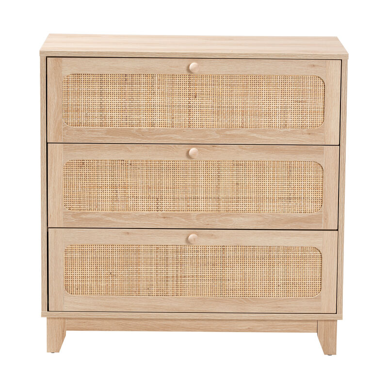 Baxton Studio Elsbeth Japandi Oak Finished Wood and Natural Rattan 3 Drawer Storage Cabinet