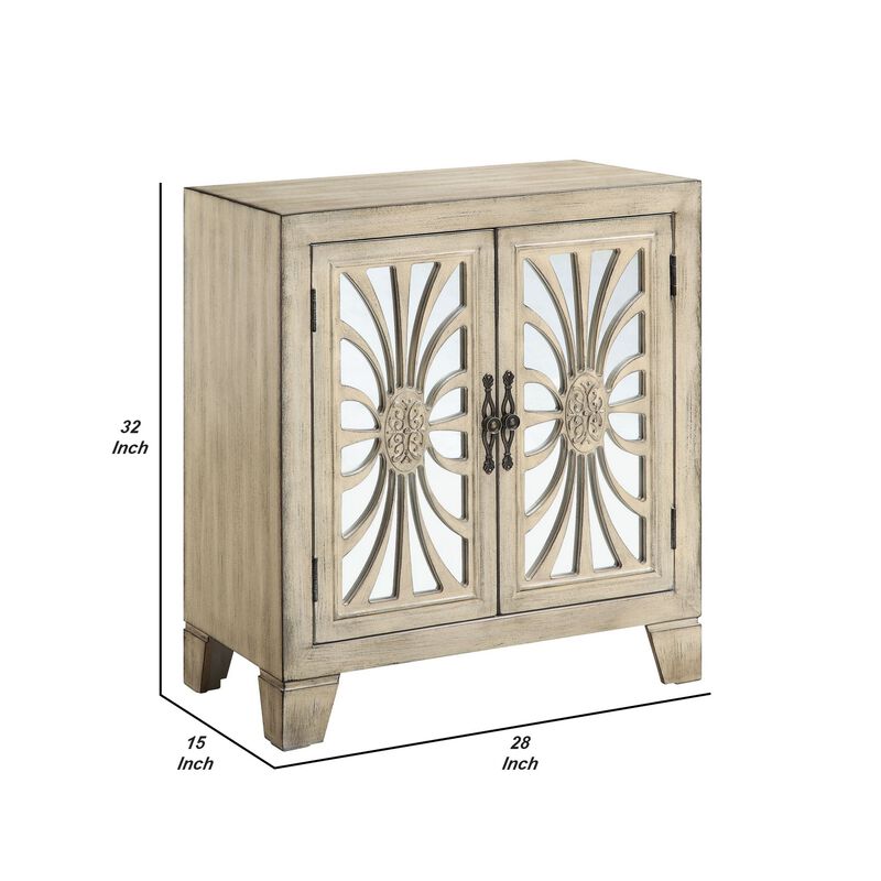 Console Table with 2 Glass Doors and Floral Motif, Antique White-Benzara