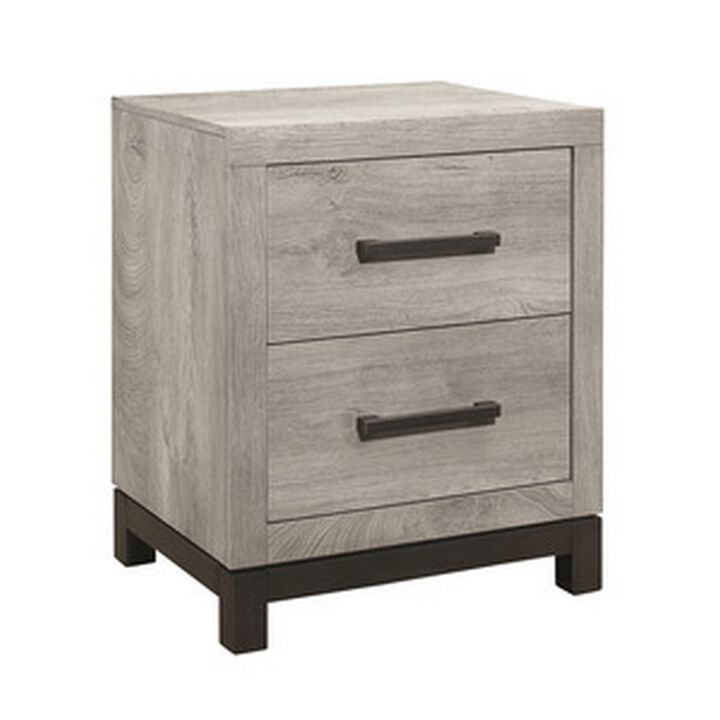 Deena 25 Inch Classic 2 Drawer Nightstand, Metal Handles, Wood Grain Gray-Benzara