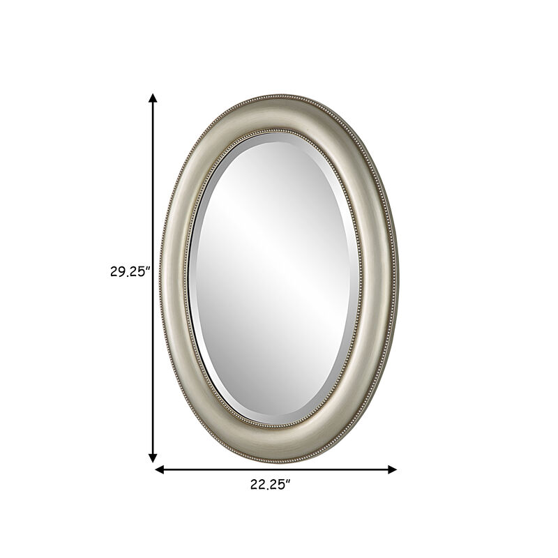 29 Inch Wood Wall Mirror, Beaded Oval Shape, Metallic Silver-Benzara