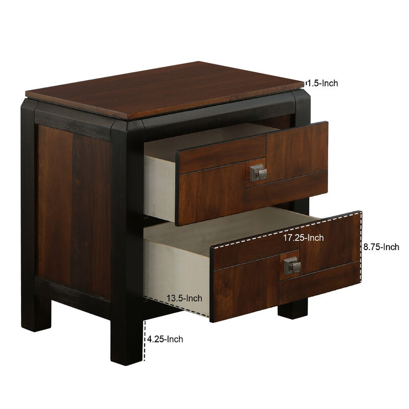28 Inch Handcrafted Bedside Nightstand, 2 Drawers, Sleek Wood Pattern, Square Knobs, Walnut Brown-Benzara