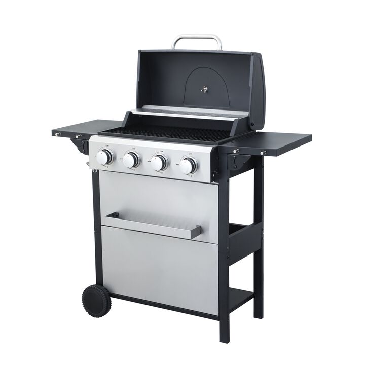 MONDAWE 4-Burner Propane Gas BBQ Grill, 34200BTU Output With Wire Enamel Cooking Grids For Outdoor Barbecue, Foldable Side Table, Hanging Basket, Stainless Steel