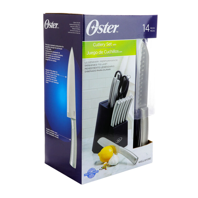 Oster Wellisford 14 Piece Stainless Steel Cutlery Set with Black Rubber Wood Block