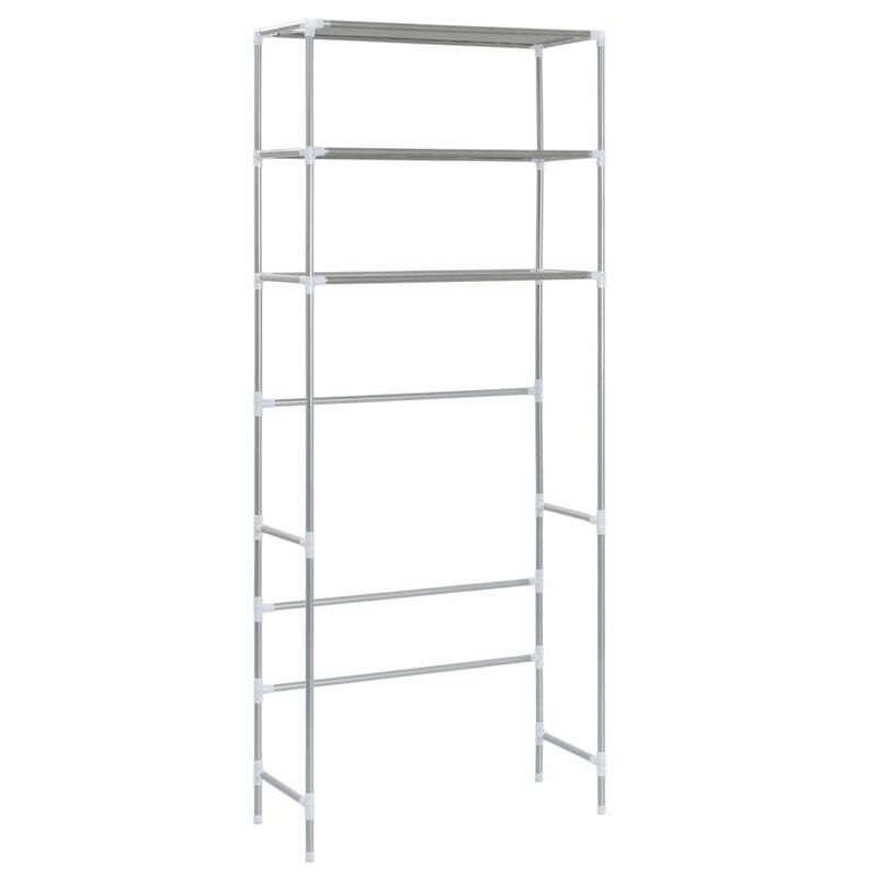 3 Tier Storage Rack, Over Laundry Machine Style, Silver Steel, Fabric - Benzara