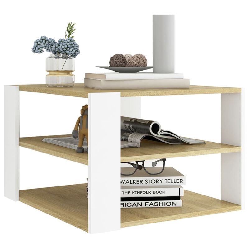 vidaXL Coffee Table Sonoma Oak and White 24"x24"x16" Chipboard