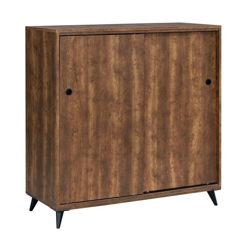 Wooden Shoe Cabinet with 2 Sliding Doors and Splayed Legs, Oak Brown-Benzara