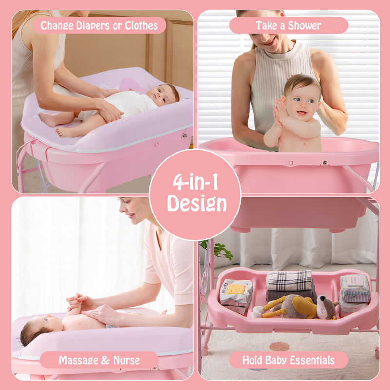 Folding Baby Changing Table with Bathtub and 4 Universal Wheels