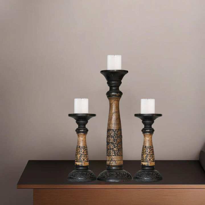Traditional Black Wash Eco-friendly Handmade Mango Wood Set Of Three 9",15" & 9" Pillar Candle Holder