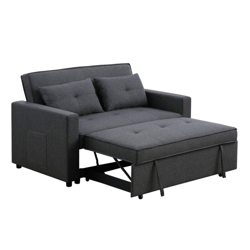 Zoey Dark Gray Linen Convertible Sleeper Loveseat With Side Pocket