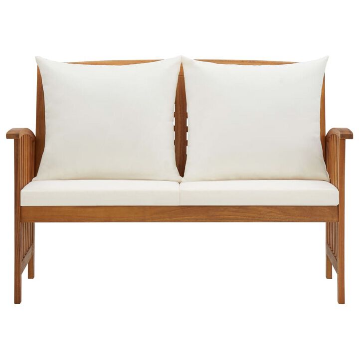 Mia Outdoor Loveseat Bench, Gray Cushions, Brown Solid Wood, 47 Inch - Benzara
