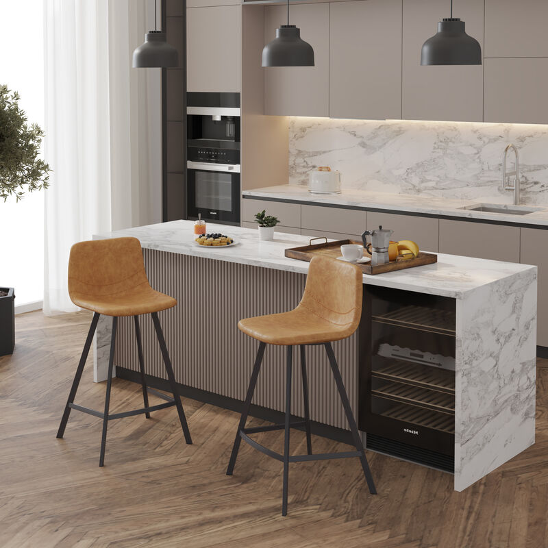 Elland Modern Upholstered Leather Bar Stool With Black Iron Legs & Footrest