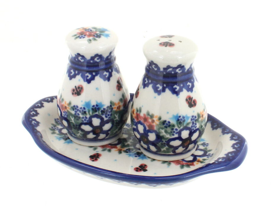 Blue Rose Polish Pottery Salt & Pepper Shakers with Tray