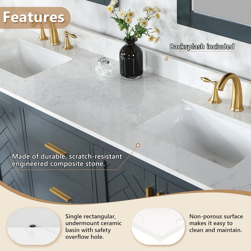 Altair Ceres 73 in. Engineered Stone Vanity Top in Grain White with Double White Sink