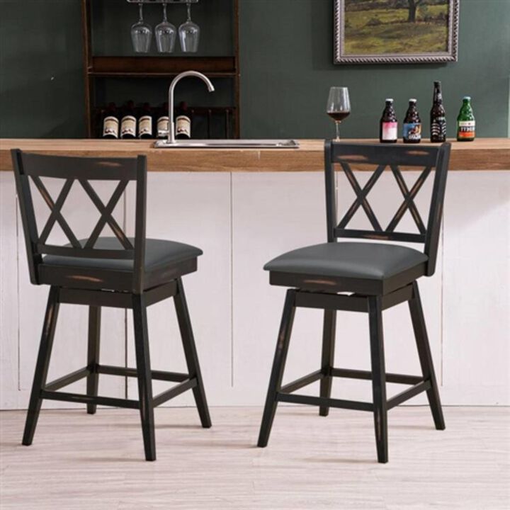 Hivvago Set of 2 Black Wood 24 in Counter Height Farmhouse Swivel Cushion Seat Barstools