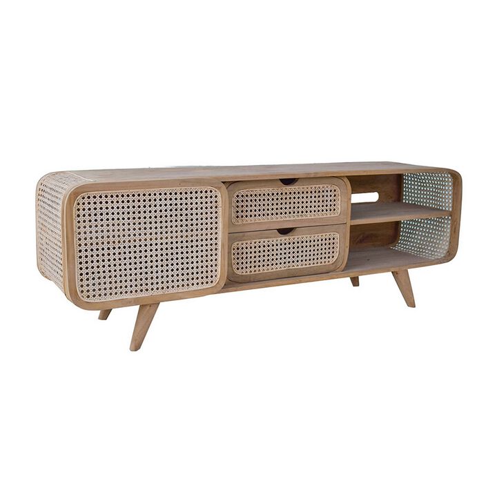 59 Inch TV Entertainment Console, Sliding Doors, Teak Wood, Rattan, Brown - Benzara