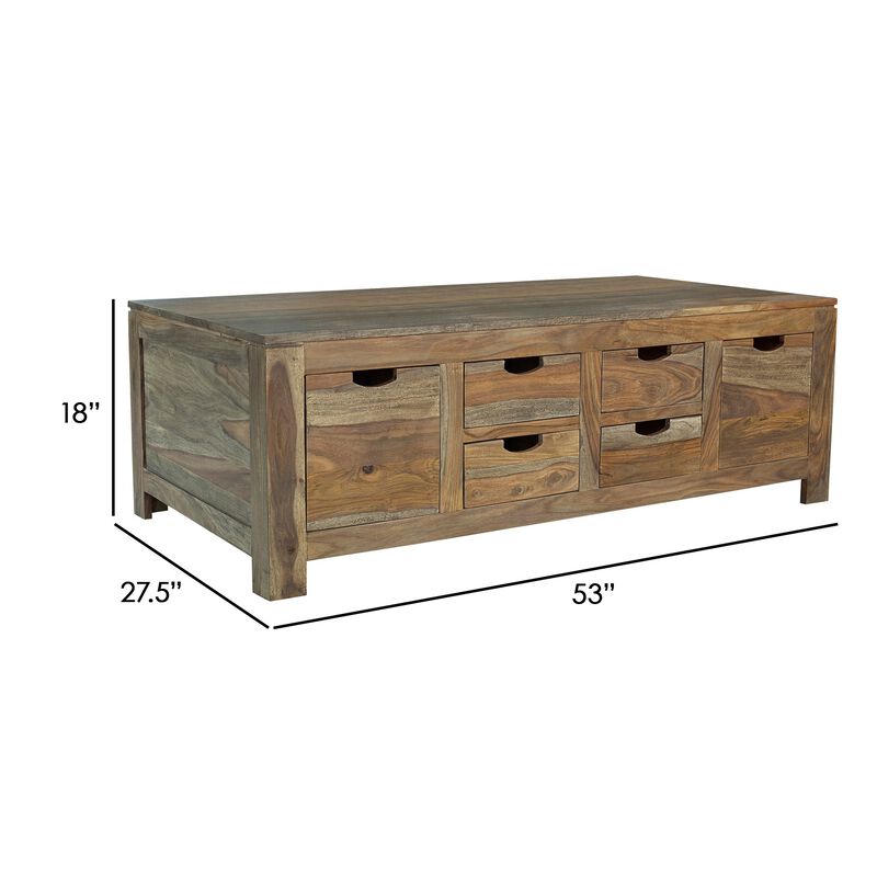Dale 53 Inch Rustic Storage Coffee Table, 6 Gliding Pull Out Drawers, Brown-Benzara
