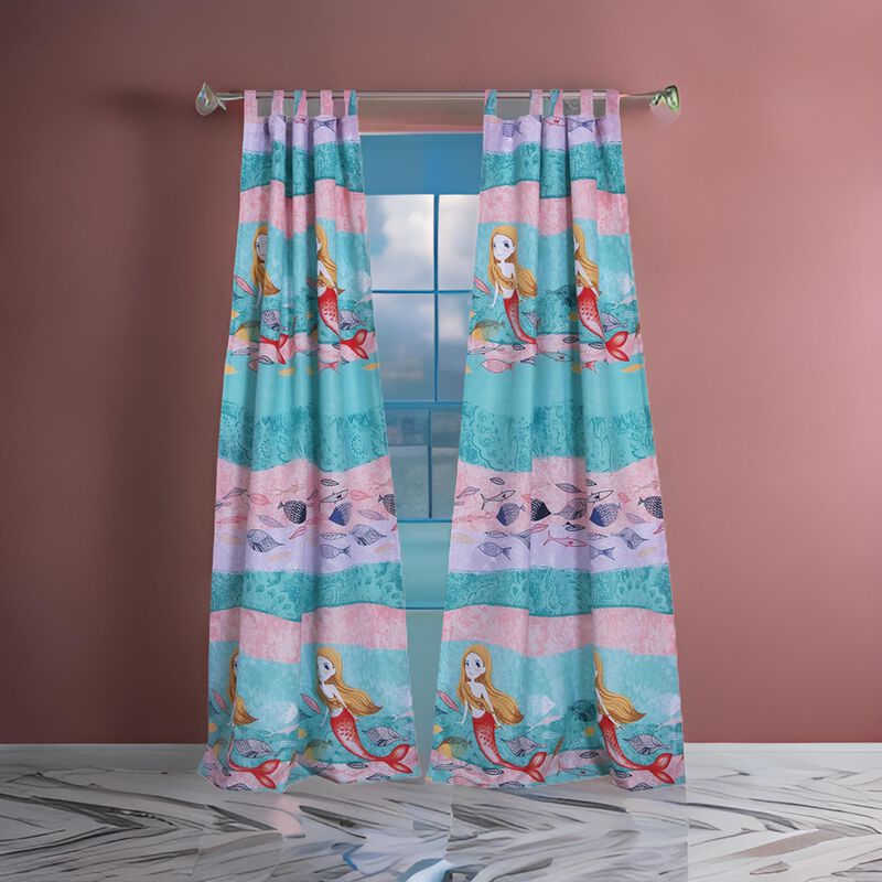 Wini 4 Piece Window Curtain Panel Set, Mermaid Design, Pink, Blue Polyester - Benzara