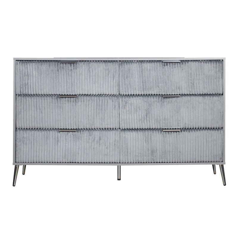 Benjara, Gray, Nickel Moko 58 Inch Wide Dresser, 6 Soft Upholstered Drawers