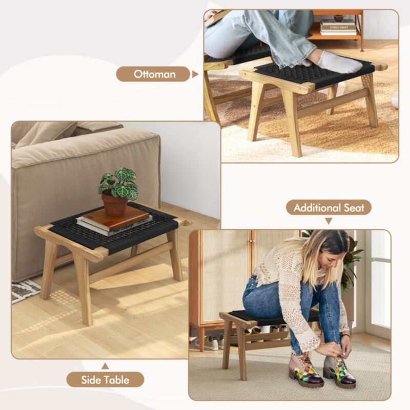 Hivvago Indoor Outdoor Ottoman Footstool Teak Wooden Foot Rest with Handwoven Cordage