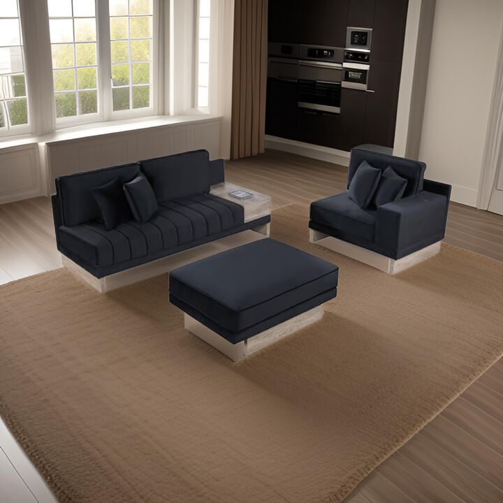Phsy 123 Inch Modular Sectional Sofa with Storage Table, USB, Black Velvet - Benzara