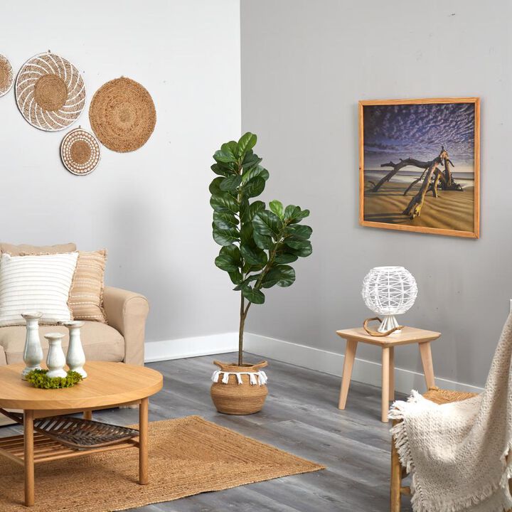 Hivvago 4.5 Feet Fiddle Leaf Fig Artificial Tree with Boho Chic Handmade Natural Cotton Woven Planter with Tassels