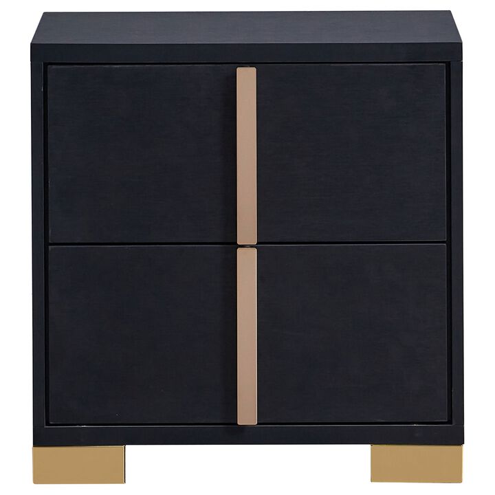 Dex 22 Inch Nightstand, 2 Drawers with Long Vertical Gold Handles, Black - Benzara