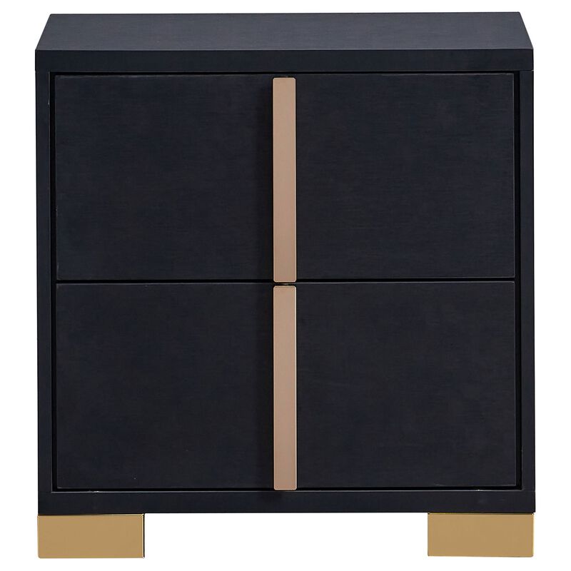 Dex 22 Inch Nightstand, 2 Drawers with Long Vertical Gold Handles, Black - Benzara