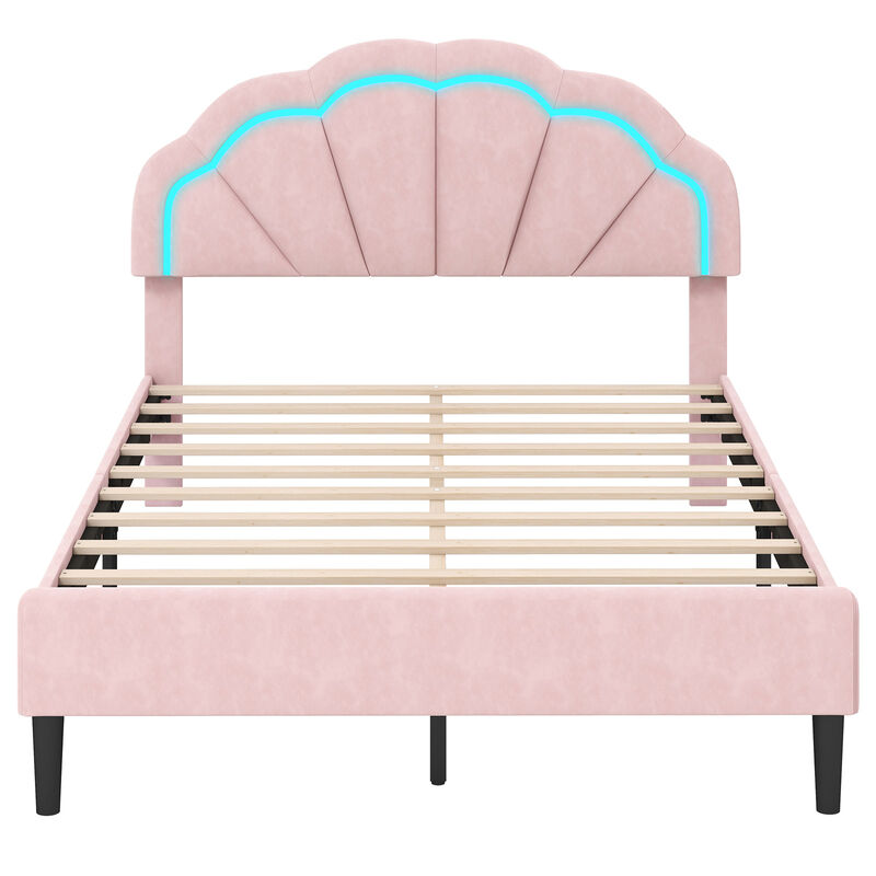 Upholstered LED Bed Frame with Adjustable Flower Headboard