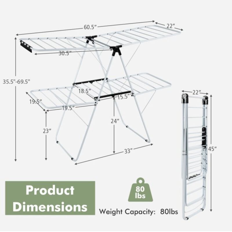 Hivvago White 2 Level Foldable Clothes Drying Rack Adjustable Height