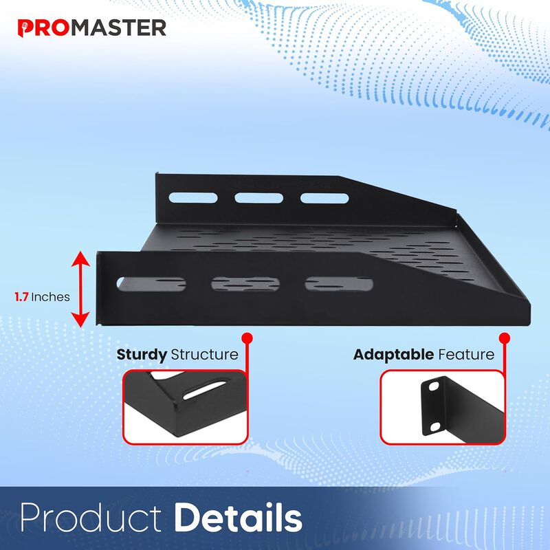 ThePromaster Server Vented Shelf - 2-Pack 19 Inches, 10'' Deep, 1U Universal Integration Server Vented Rack Mounting Tray For Good Airflow, Cantilever Mount, Device and Equipment Wall Mounting - Black