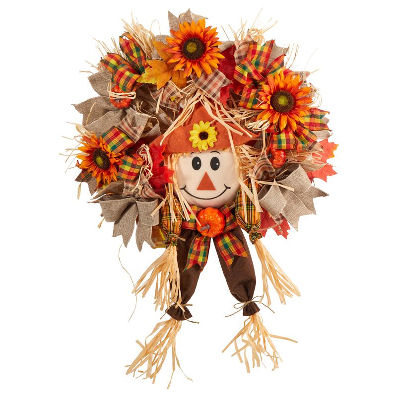Hivvago 30" Scarecrow Fall Artificial Autumn Wreath with Sunflower, Pumpkin and Decorative Bows