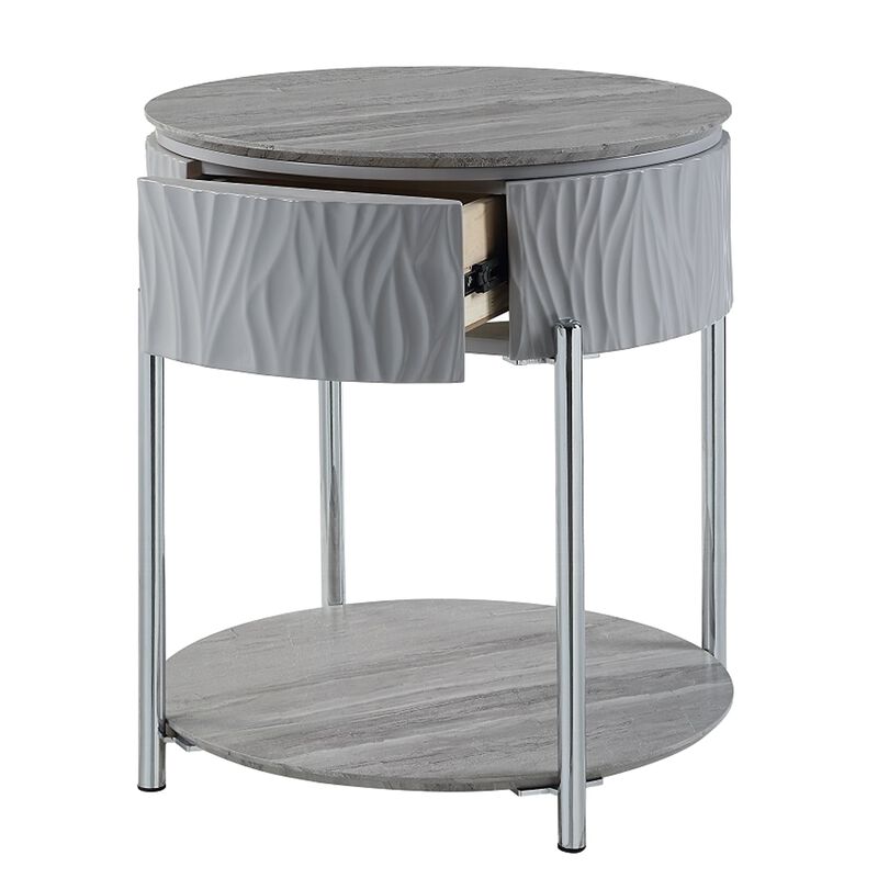 Doug Side End Table, 22 Inch Gray High Gloss Wood, Chrome Metal Finish - Benzara