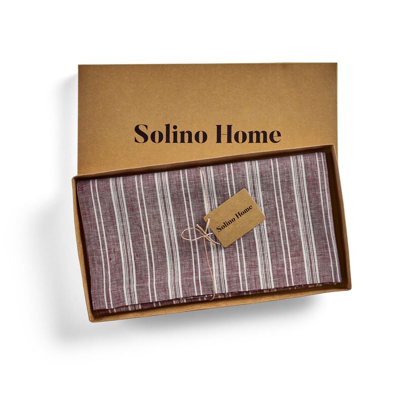 Solino Home 100% Pure Linen Table Throw 52 x 52 Inch | Chelsea Stripe for Thanksgiving, Christmas