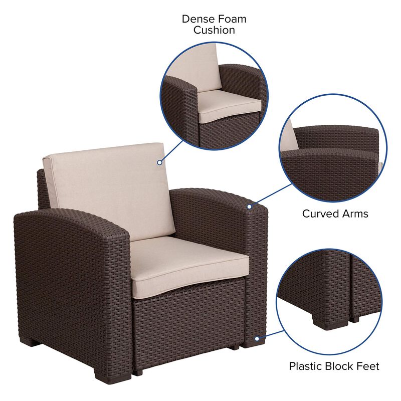Flash Furniture Seneca Chocolate Brown Faux Rattan Chair with All-Weather Beige Cushion