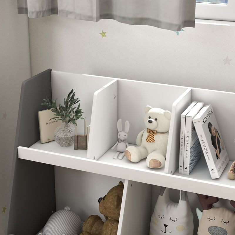 Qaba Kids Bookcase, 2 Tier Toddlers Toy Storage Organizer, Children Book Shelf with 5 Compartments, Anti-tip Device, Pine Wood Legs for Nursery, Playroom, Classroom, Gray