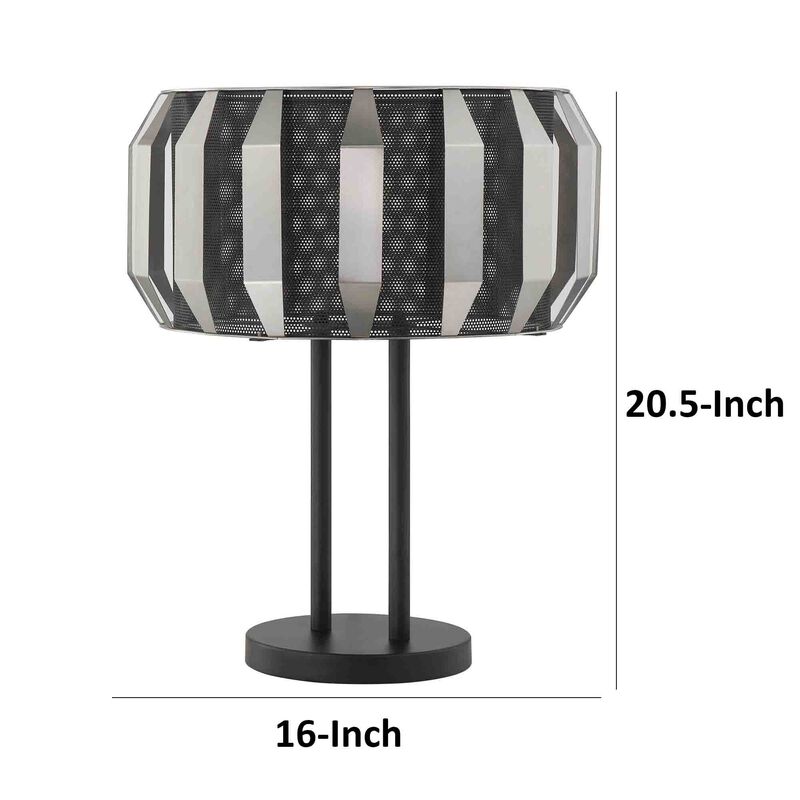 Pin 21 Inch Table Lamp, Wide Drum Metal Shade, Accent Round Base, Black-Benzara