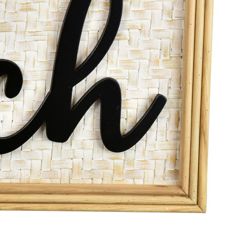 Beach Wall Decor Sign, 28 Inch White Woven Wood Frame, Black - Benzara