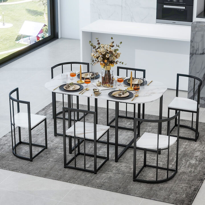 Modern 7-Piece Dining Table Set With Faux Marble Compact 5 5" Kitchen Table Set For 6