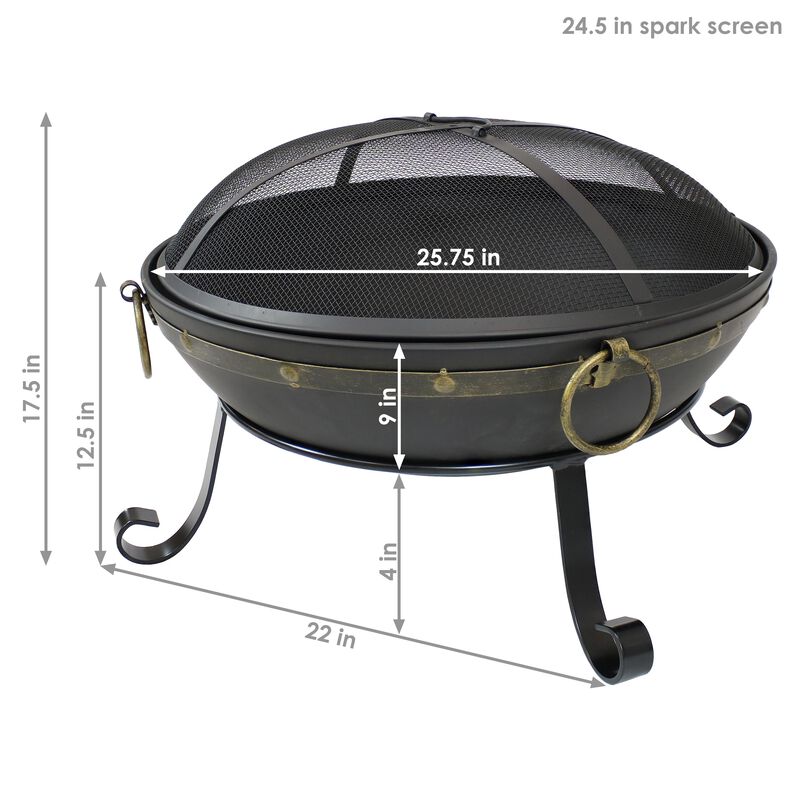 Sunnydaze 25 in Victorian Steel Fire Bowl with Handles and Spark Screen