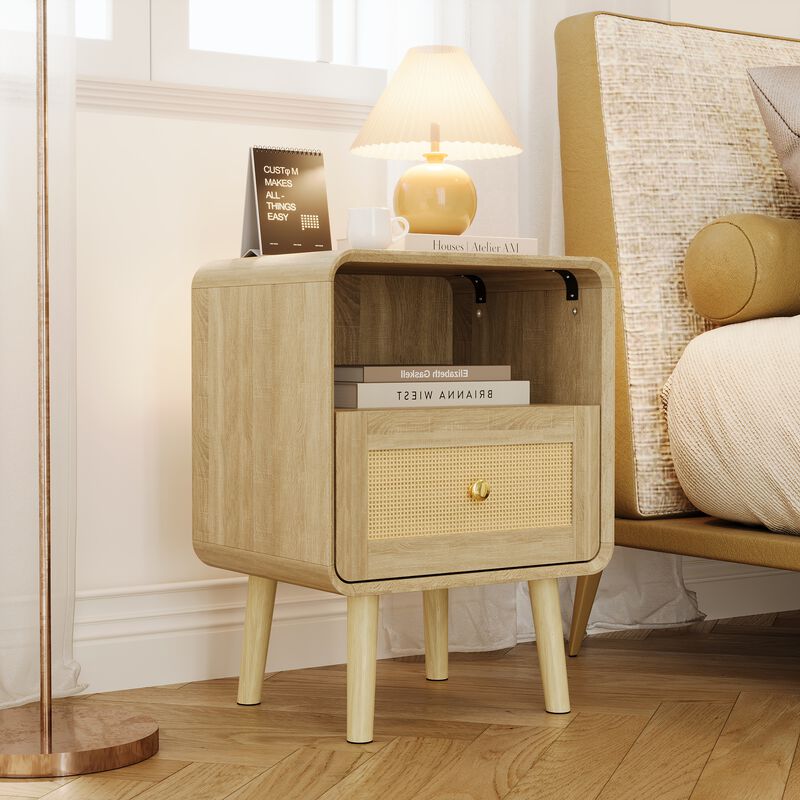 FUFU&GAGA Modern Rattan Nightstand with Drawer & Open Storage, Solid Wood Legs, Natural Wood Grain Finish, (17.7" W x 23.8" H x 13.9" D), Brown