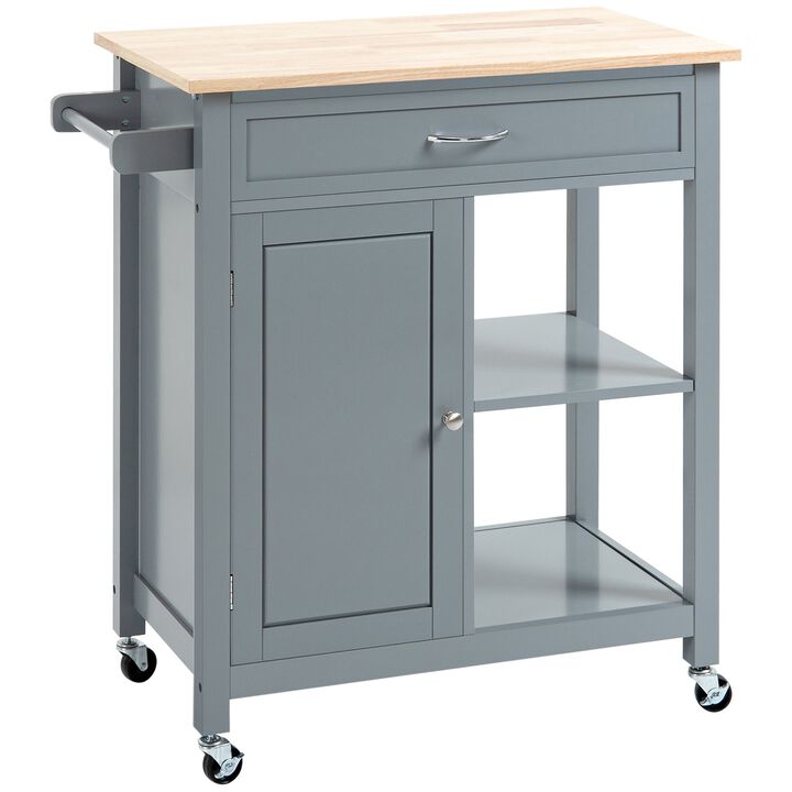 Gray Kitchen Trolley: Utility Cart with Wood Top & Drawer