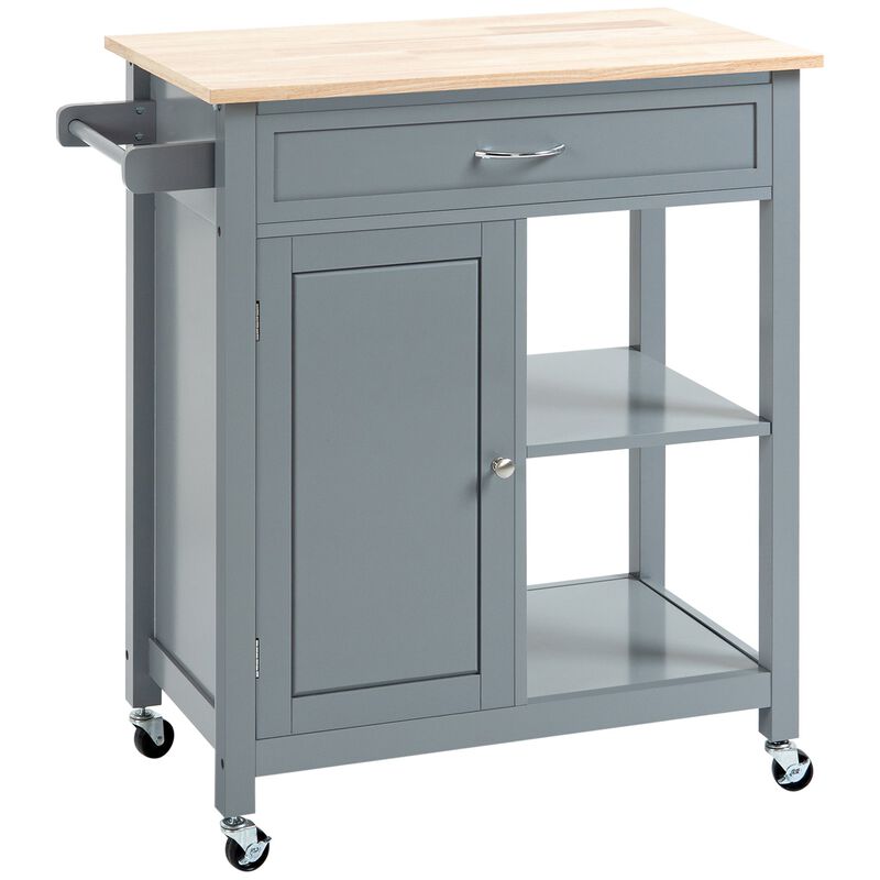 Gray Kitchen Trolley: Utility Cart with Wood Top & Drawer