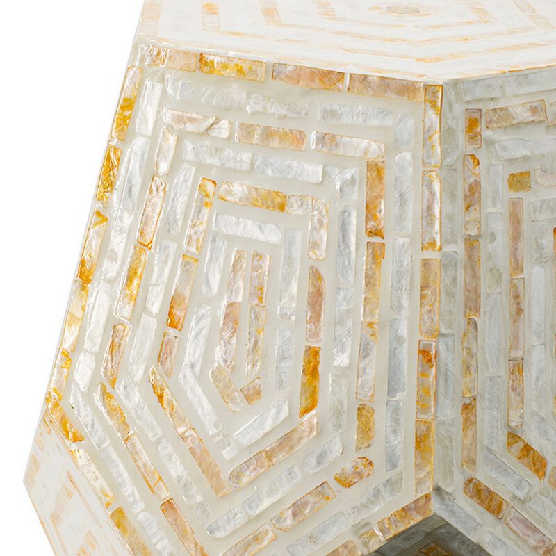 21 Inch Capiz Accent Stool Table, Hexagonal Drum, Angled Look, Beige White - Benzara