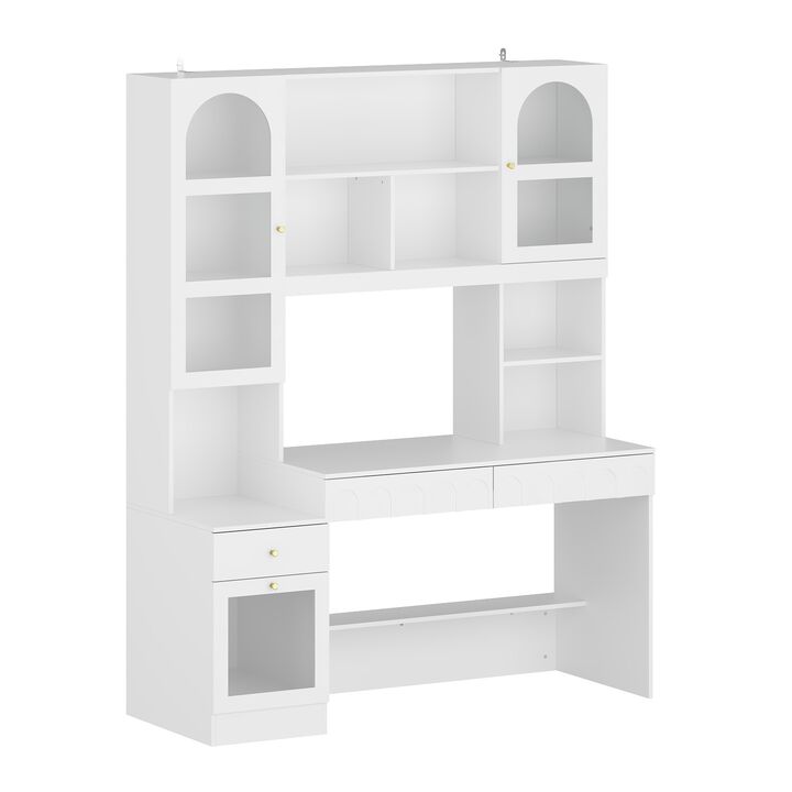 62.4 in. W 2 in. 1 Wood Computer Desk White Writing Desk 79.1 in. Tall Bookshelf, -Drawers, Door Cabinet Home Office