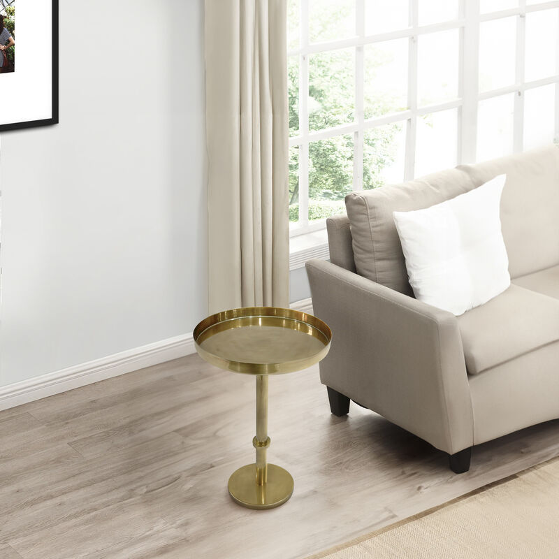 Ara 12 Inch Side End Table, Vintage Sleek Pillar Base, Round Tray Top, Oxidized Antique Brass